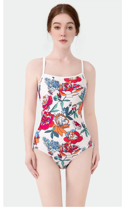 Women Vintage Racing One-piece Swimwear Sun Protection Professional Competition Flower Printed Swimsuit Training Bikini