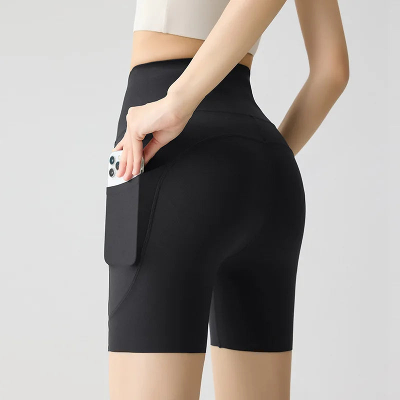 Summer Pocket High Waist Sharkskin Shorts Women Tight Butt Lifter Light Feeling Sport Fitness Yoga Bicycle Shorts