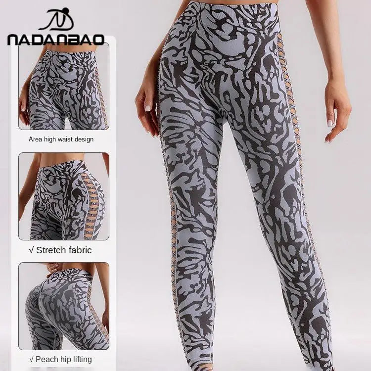 Nadanbao Women's Seamless High Waist Pants Jacquard Peach Hip Slim Leggings Stretchy Hollow Bottoms Sports Fitness Yoga Trousers