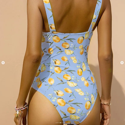 Fashion Floral Printing One-Piece Swimsuit Women Backless Sling Swimwear Female Plicated Beach Party Bodysuit