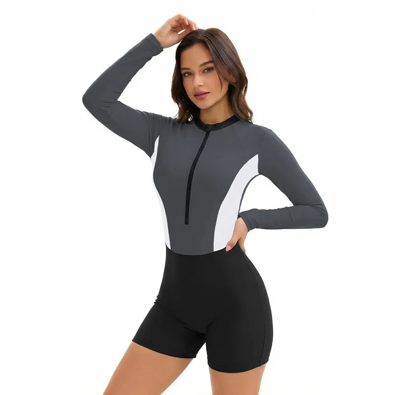 Women's Color Block Long Sleeve One Piece Swimsuit Comfortable Breathable Spandex Nylon UPF 50+ Sun Protection Sportswear