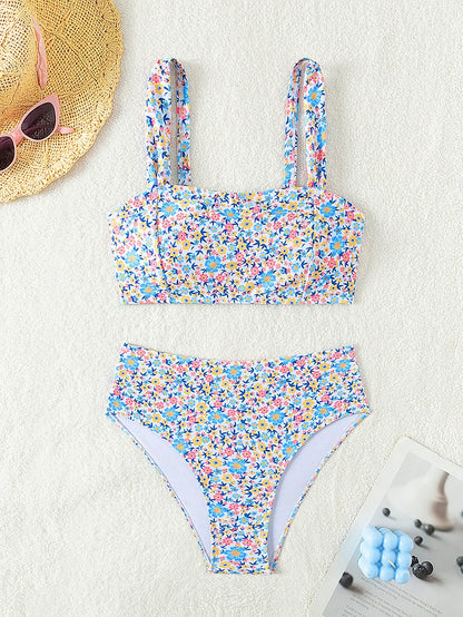 Floral Print 2 Piece Swimsuit for Women High Waist  Bandeau Bikini Set Suspender Backless Beach Vacation Swimwear Bathers