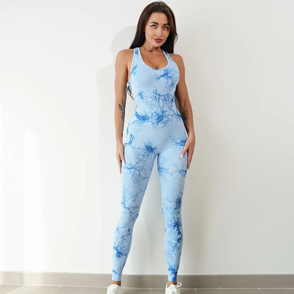Seamless Tie-Dyed Yoga Jumpsuits Sports Fitness Hip-lifting One-Piece Beauty Back Bodysuits Gym Leggings Tracksuits for Women