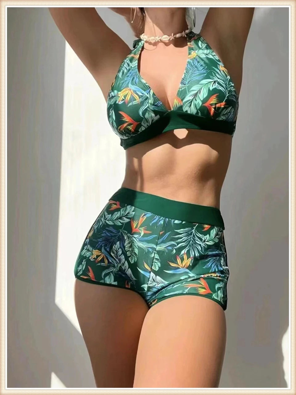 Halter Bikini Women High Waist Swimwear Female Swimsuit Leaf Printed Beachwear Bathing Swimming Suit Summer Beachwear
