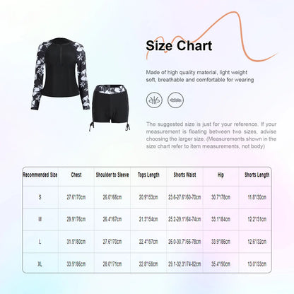 Womens Swimwear Athletic Swim Sets Print Long Sleeve Half Zipper Wireless Chest Pads Top with Side Drawstring Shorts Swimsuit
