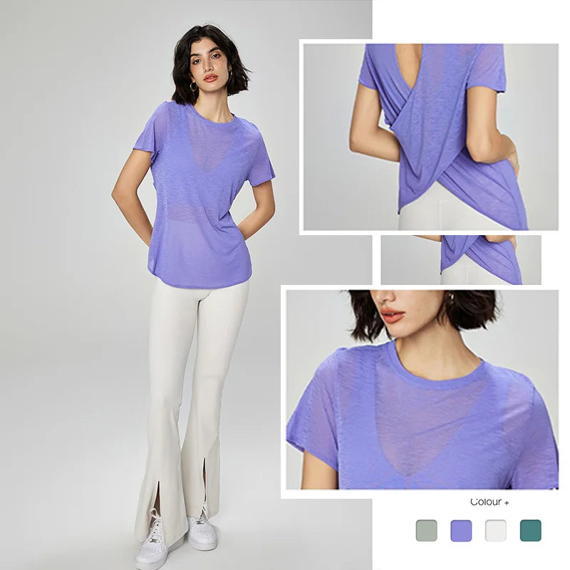 Aiithuug Breathable Mesh Yoga Short Sleeve Crisscross Back Yoga Short Sleeve Blouse Quick Dry Gym Shirt Casual Cutout Back Yoga