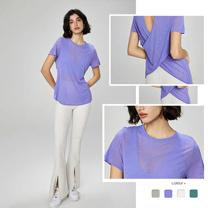 Aiithuug Breathable Mesh Yoga Short Sleeve Crisscross Back Yoga Short Sleeve Blouse Quick Dry Gym Shirt Casual Cutout Back Yoga