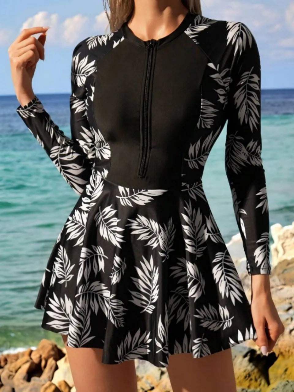 Long Sleeve Rush Guard Print Swimwear Women One Piece With Beach Skirt Swimsuit Female Bathing Swim Suit Surfing Beachwear