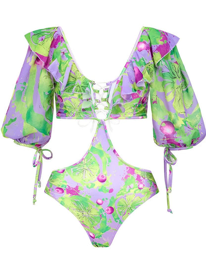 V Neck Hollow Out Print Swimsuit Women One Piece Swimwear Female Beachwear Bathers Bathing Swimming Swim Suit