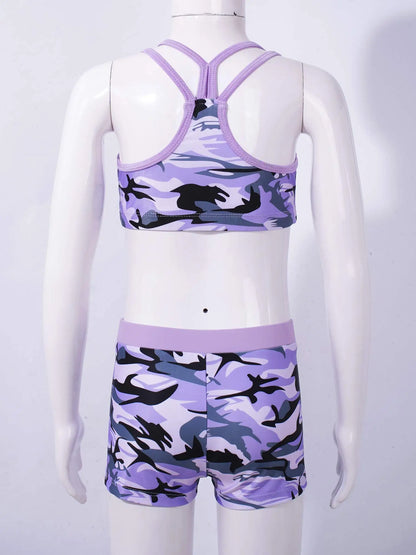 Kids Girls Athletic Tankini Set Swimsuit Racer Back Vest Bra Top + Bottoms Print Sport Bathing Suit For Beach Pool Swimming