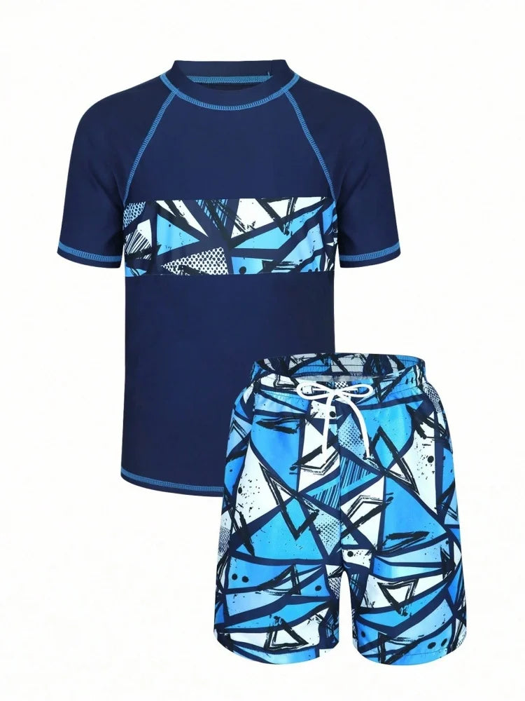 Boys' Blue Geometric Short-Sleeve Rash Guard & Shorts Set