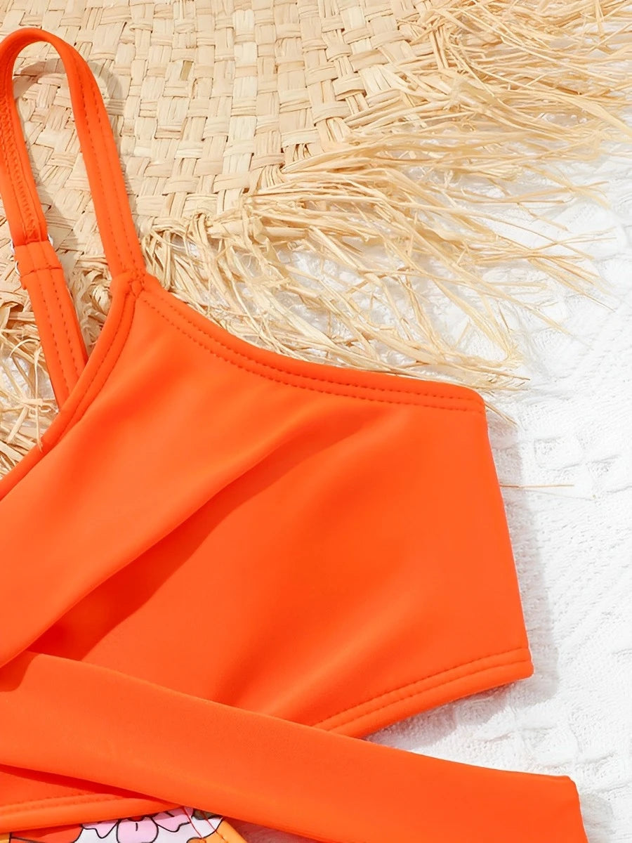 Flower Print Hollow Cross Girls Swimsuit One Piece Kids Swimwear Female Children's Bathers Bathing Swimming Swim Suit Beachwear