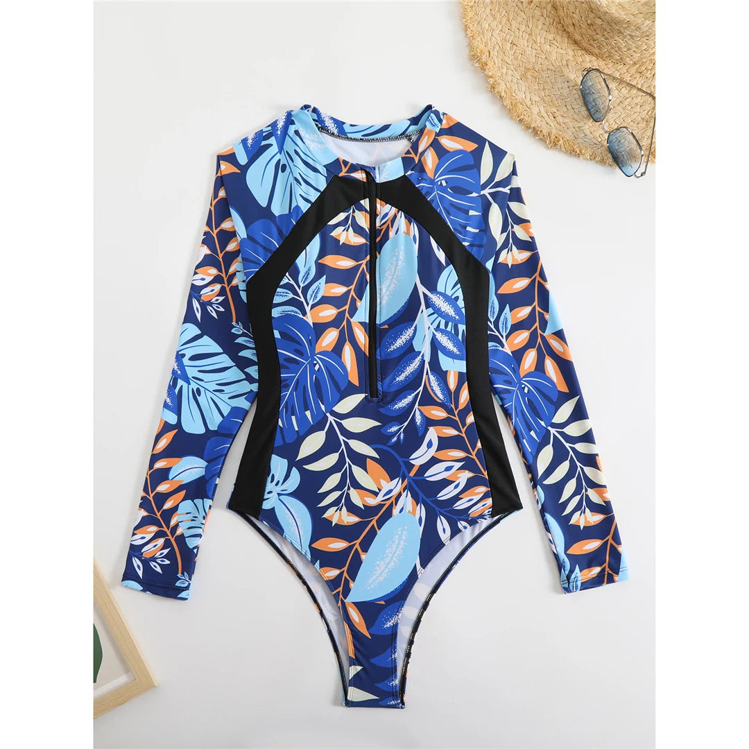 High Cut Printed Long Sleeve Zipper Surf Rash Guard One Piece Swimsuit Women Swimwear Female Bather Bathing Suit Swim
