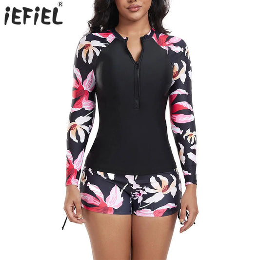 Womens Swim Sets Floral Print 2-piece Rash Guard Long Sleeve Top and Side Drawstring Boyshort Shorts Surfing Diving Bathing Suit