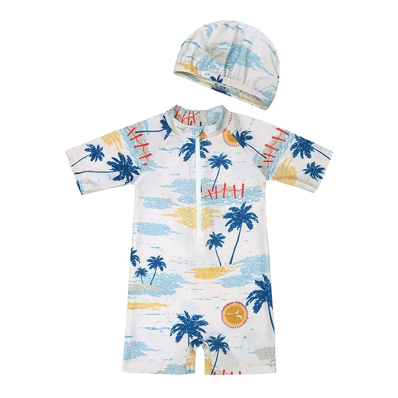 Baby Boys Girls 2pcs Summer Beach Swimwear Print Cartoon Cap+Bodysuit Infant Suit Outfit Bathing Swimsuit