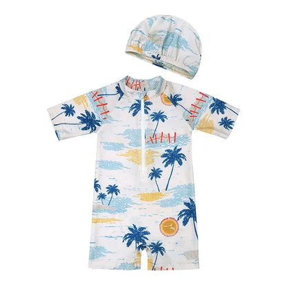 Baby Boys Girls 2pcs Summer Beach Swimwear Print Cartoon Cap+Bodysuit Infant Suit Outfit Bathing Swimsuit