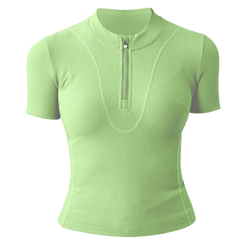 Aiithuug Women Slim Fit Gym Shirts Half Zip Workout Tops Quarter Zip Fitness Shirt Running Quicky Dry Short Sleeve Yoga Tops
