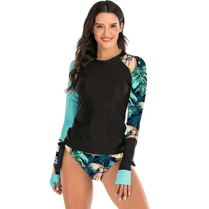 Long Sleeves Swimwear Women Surfing Swimsuit Print Bathing Suits Pullover Two Piece Swim Suits Sports Push Up Beach Wear