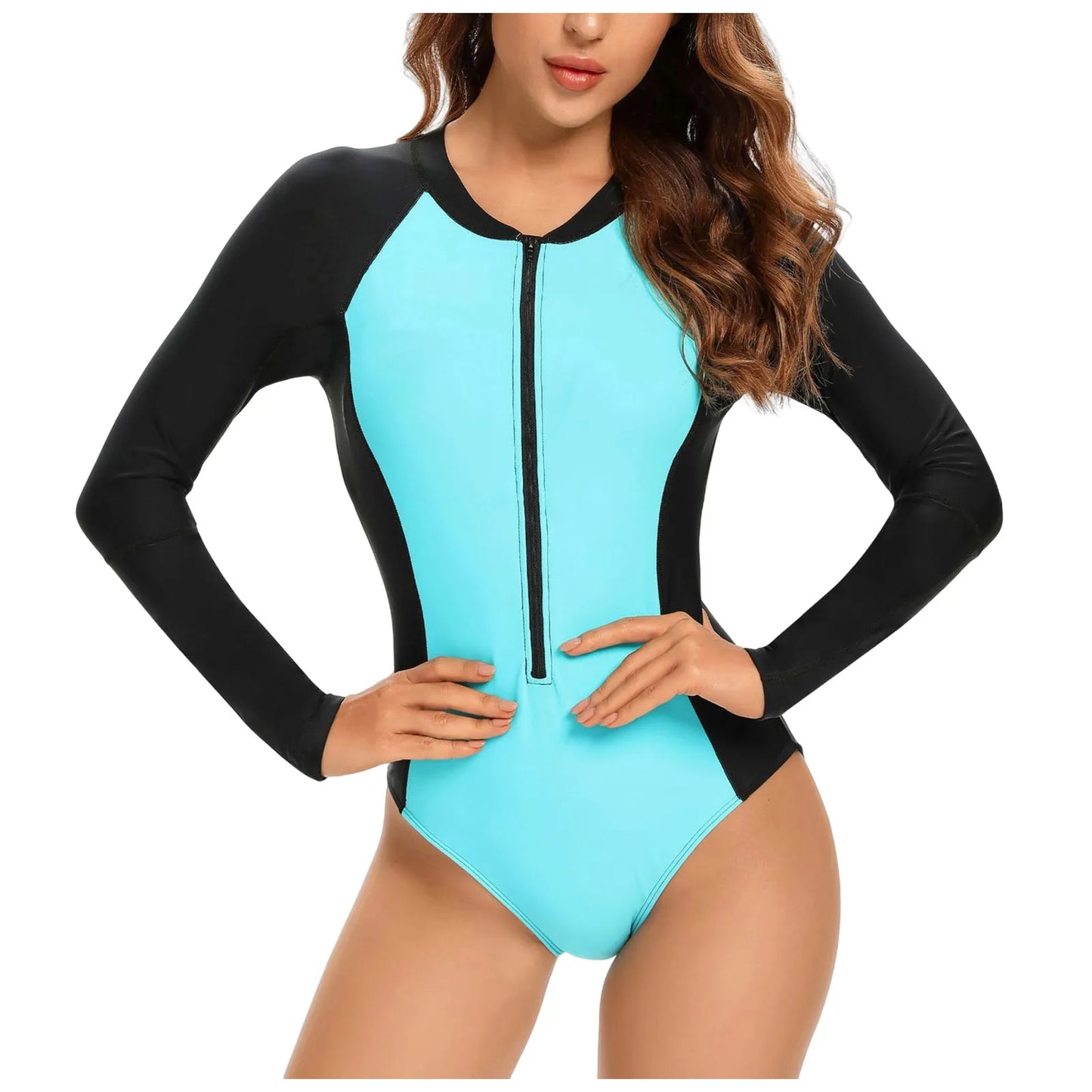 Swimwear Women's Long Sleeve Rash Guard Zipper Surfing Swimsuit Contrast Color Long Sleeve Bathing Suit Summer Beachwear
