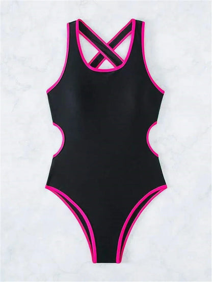 Cross Back Swimwear Women One Piece Solid Stitch Swimsuit Lady Bathers Bathing Swimming Suit Bodysuit Beachwear Summer