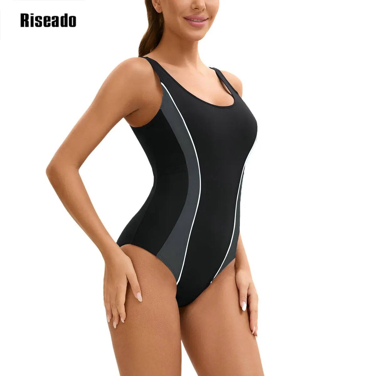 Riseado Modest Swimwear One Piece Sports Swimsuit with Pocket High Waist Racerback Athletic Bathing Suit