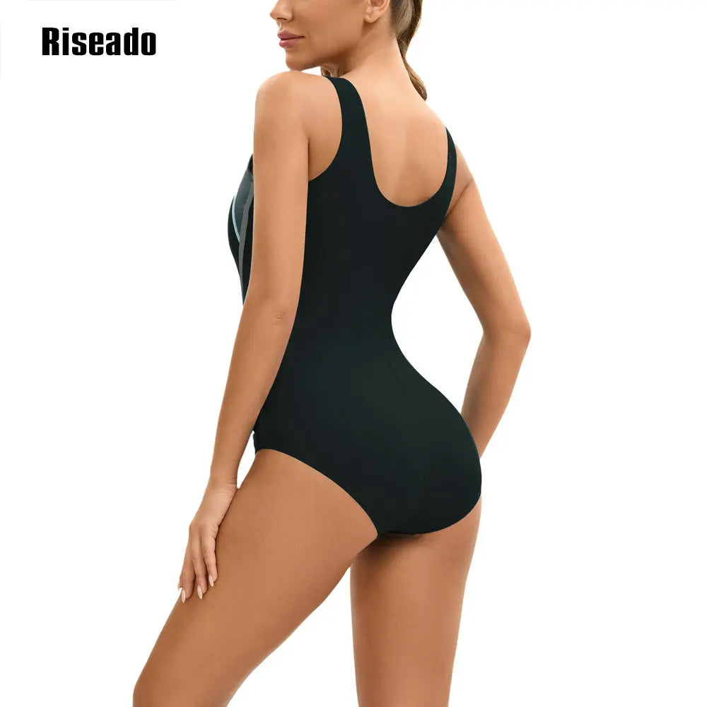 Women's One Piece Korean Swimsuit Sleeveless Conservative Bathing Suit Color Block Monokini for Girls