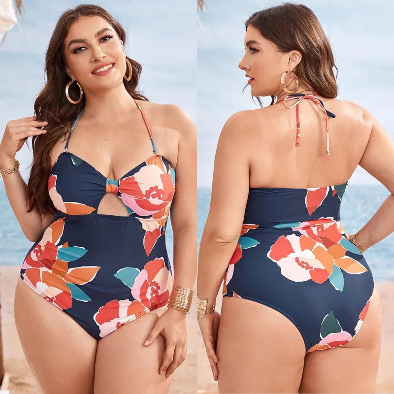 Print Push Up Plus Size Swimwear Women Tied Halter Large Big One Piece Swimsuit Curvy Brazilian Bathing Suit