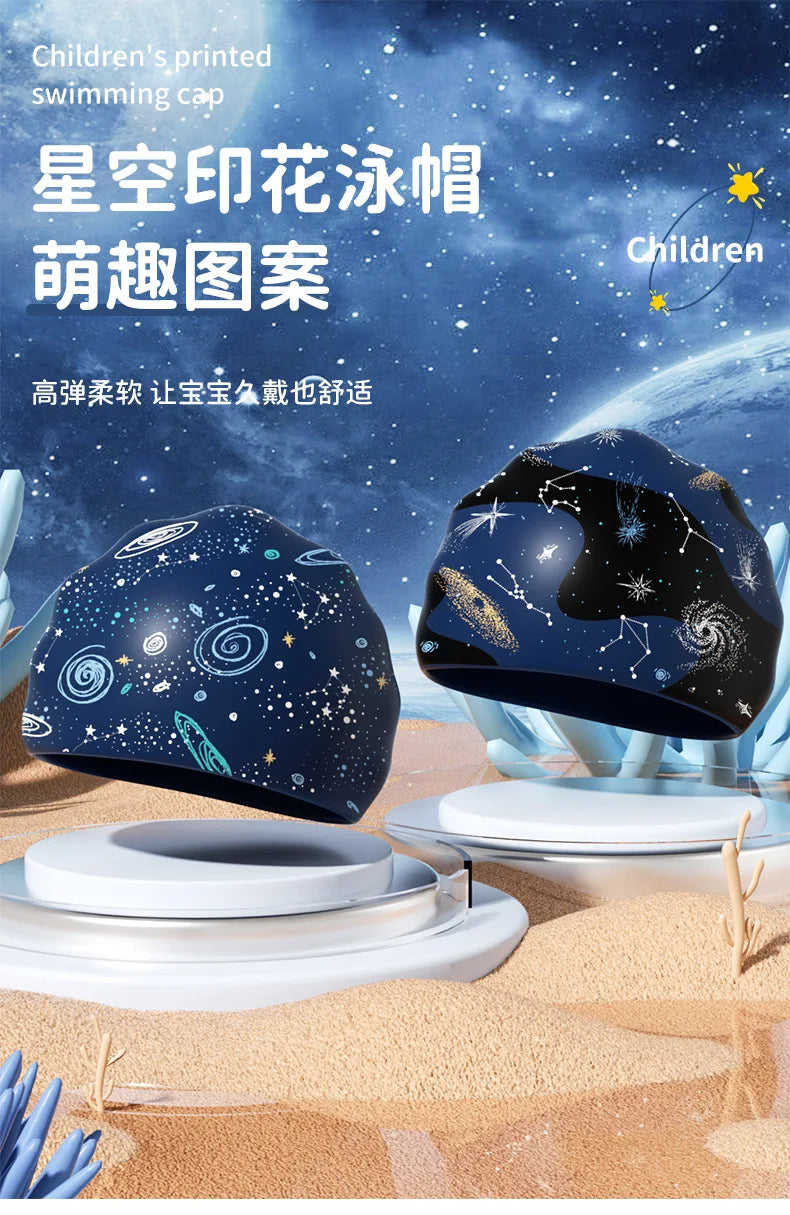 Printed Swim Caps for Kids Large Size Comfortable Silicone Swimming Caps Boys Ear Protection Swim Cap Swimming Pool Accessories