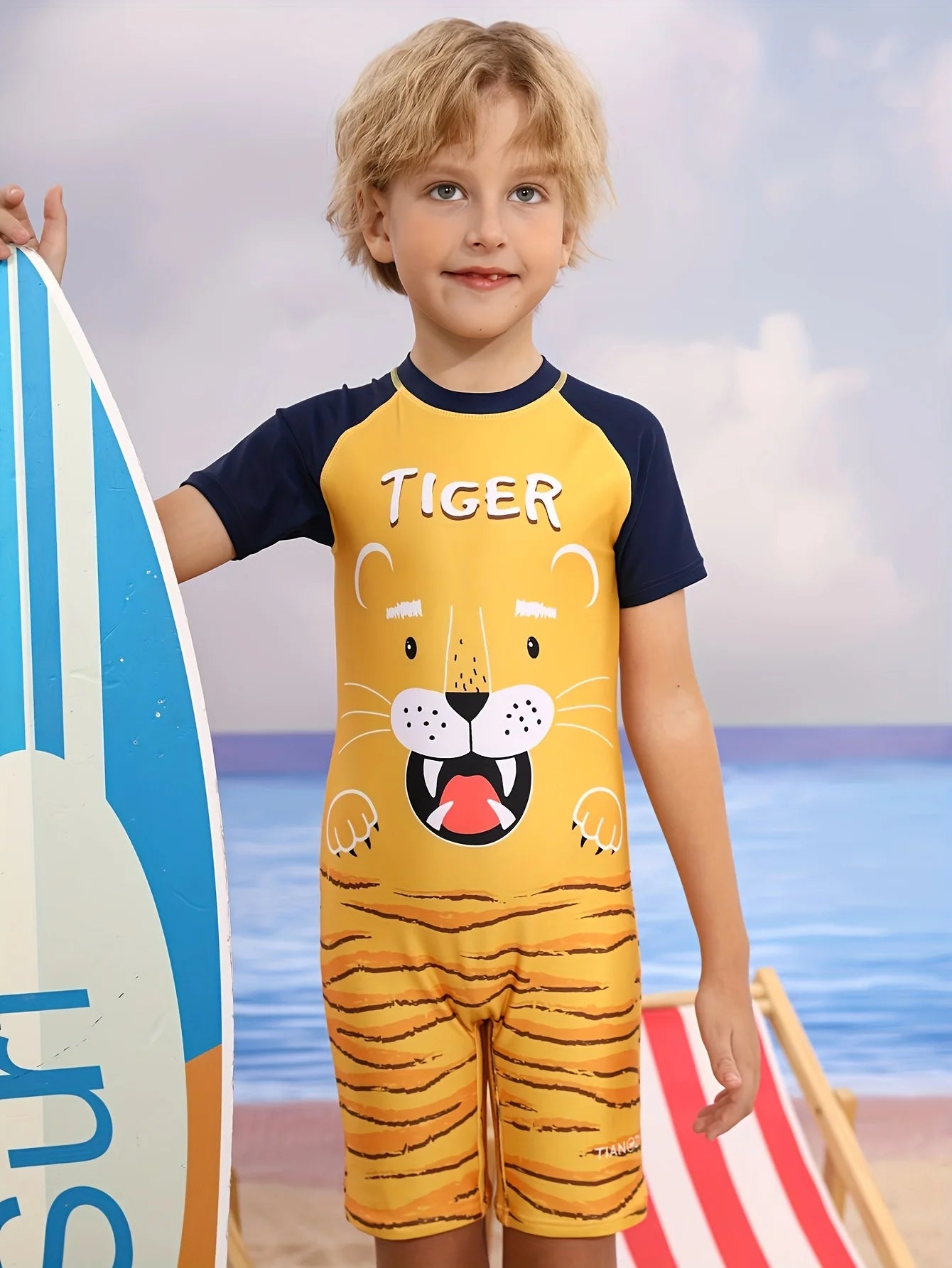 Tiger Children's One-piece Swimsuit, Children's Short-sleeve Zip-up Swimsuit, Cartoon Pattern Quick-drying Surfing Suit