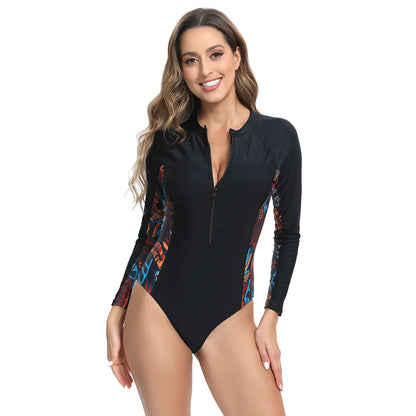 Zipper Sports One Piece Swimsuit Long Sleeve Black Swimwear Women Bodysuit Monokini Surf Suits Rash Guard Bathing Suit