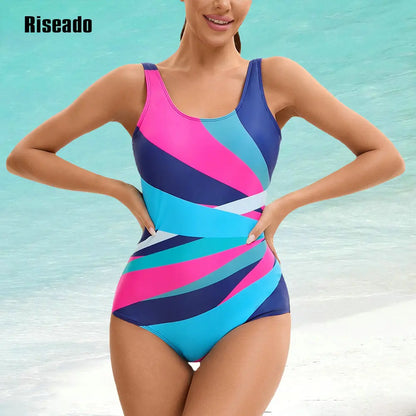 One Piece Swimsuit Athletic Bathing Suits Training Sport Swimwear for Women Color Block Monokini Multicolor