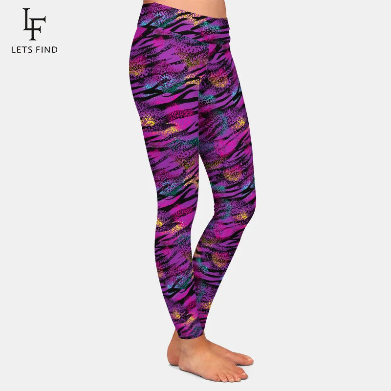High Quality Milk Silk Print Purple and Black Tiger Stripes Women Leggings High Waist Slim Fitness Leggings