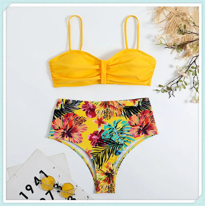Solid Bandeau Bikini Set Women Tropical Printed Swimwear Female Push Up Swimsuit High Waist Bathing Suit Tie Back Beachwear
