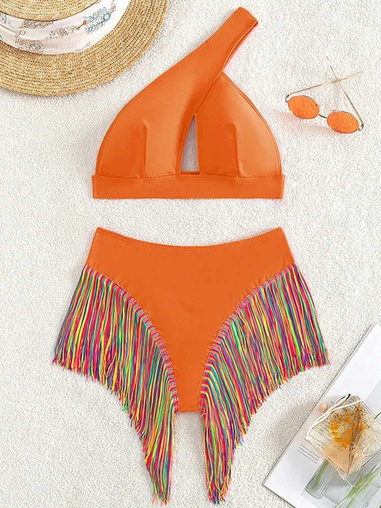 Fringe Tassel One Shoulder High Waist Bikini Women Swimwear Female Swimsuit Two-pieces Bikini Set Hollow Out Bathing Suit Swim