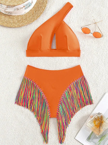 Fringe Tassel One Shoulder High Waist Bikini Women Swimwear Female Swimsuit Two-pieces Bikini Set Hollow Out Bathing Suit Swim