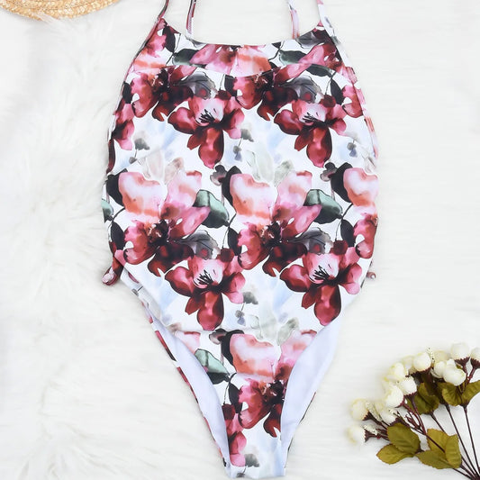 Flower Design Hi Cut One-piece Swimsuit Women's Swimwear Women Bathers Bathing Suit