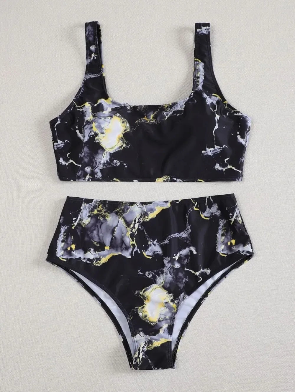 Sport Bikini Set Women Swimsuit Push Up High Waist Marble Blooming Print Swimwear Female Bathing Suit