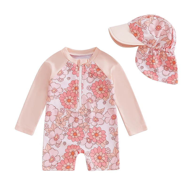 Toddler Girl Long Sleeve Swimsuit Floral Flamingo Print Half Zipper Non-Pilling Rash Guard Swimwear Sunhat Set