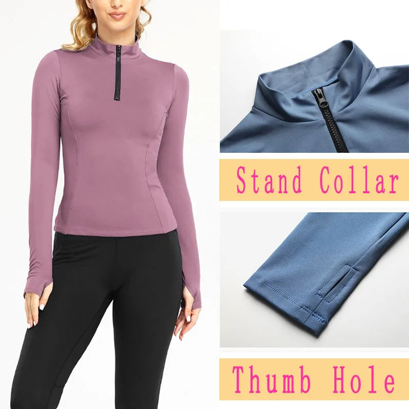 Zipper Thumb Hole Slim Fit Quick Dry Base Long Sleeve Yoga Women Jacket Elastic Top Yoga Fitness Exercise Sportwear
