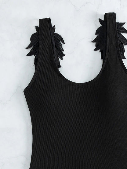 Solid Strapped Swimwear Women 3D Embroidered Wings One Piece Swimsuit Monokini Push UP Summer Bathing Suit