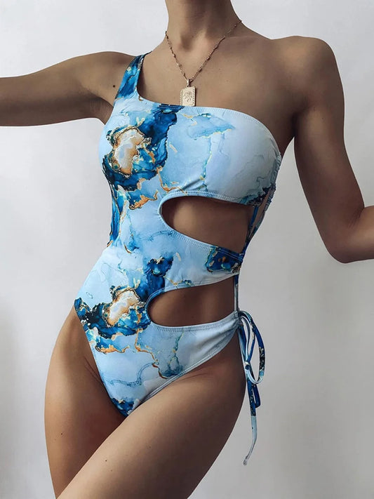 Marble Print One Shoulder Women Swimwear One Piece Swimsuit Female Monokini Bather High Cut Out Bathing Suit Swim