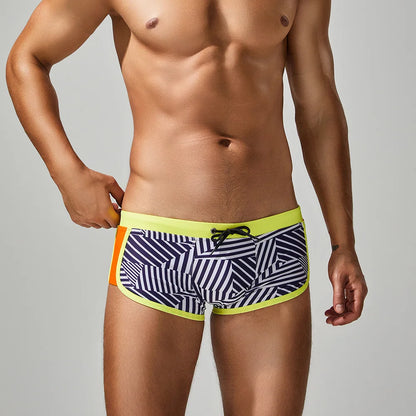 Men's Flat Angle Swimming Trunks for Hot Spring Soaking Nylon Fabric Adult Male Swimwear with Striped Pattern