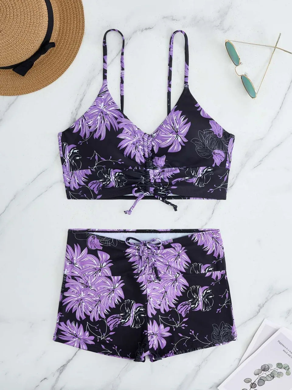 High Waist Bikini Swimsuit Women Floral Print Drawstring Front Shorts Swimwear Trunks Pool Bathing Suit Padded Beachwear