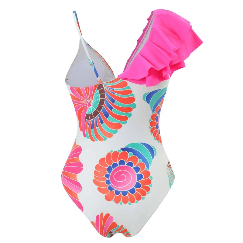 One Piece Swimsuit Swimwear Women Big Ruffle V-neck Print Beachwear Bathing Suit