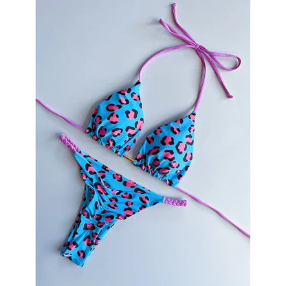 Swimwear Women Leopard Printed Bikini Set Striped Beachwear Summer Swimsuit Two-pieces Thong Bathing Suit Biquinis