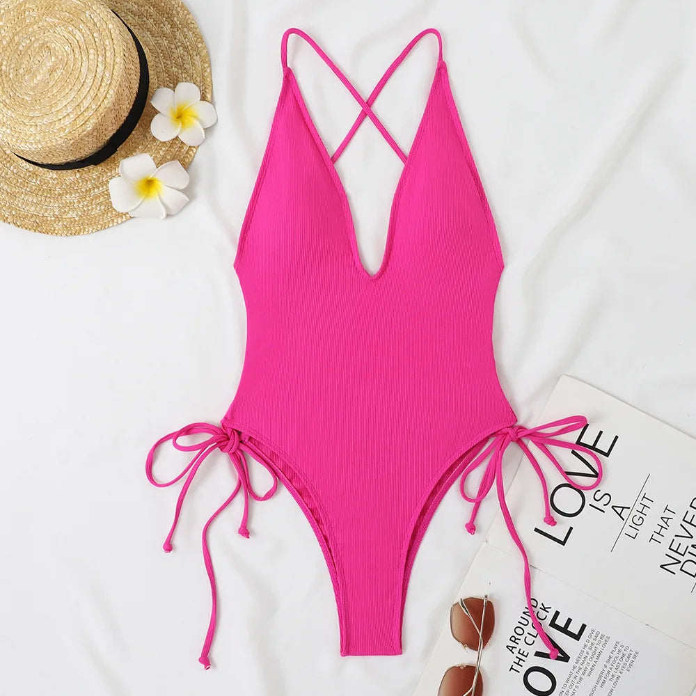 Solid Swimwear Women Strapped Push Up One Piece Swimsuit Beach Lady Monokini Cross Backless Bathing Suit