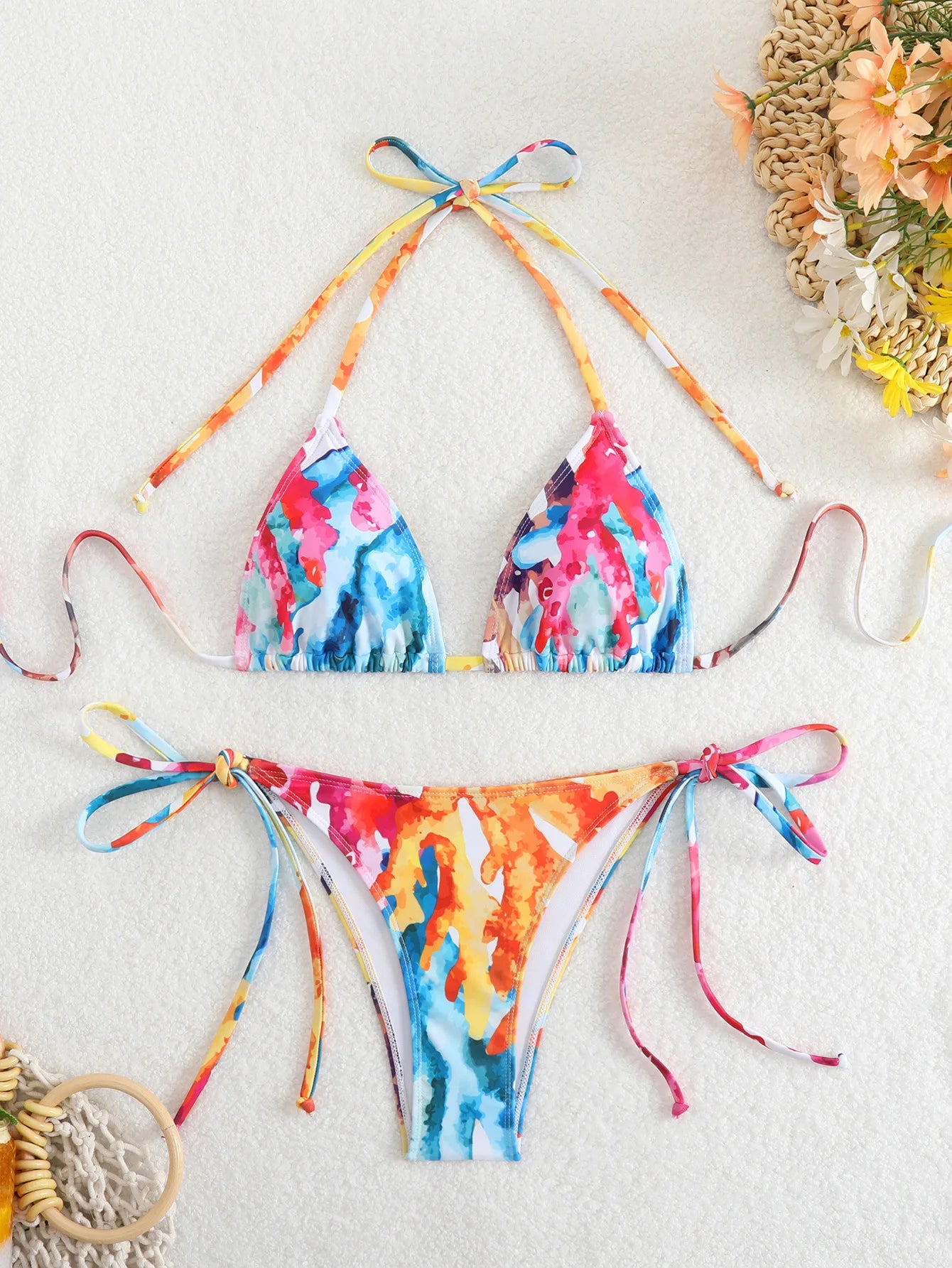 Tie Dye Gradient Mini Bikini Women Halter Push Up Bra Tie Side Thong Swimsuit Beach Pool Holiday Bathing Suit Swimwear