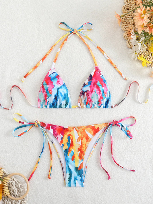 Tie Dye Gradient Mini Bikini Women Halter Push Up Bra Tie Side Thong Swimsuit Beach Pool Holiday Bathing Suit Swimwear