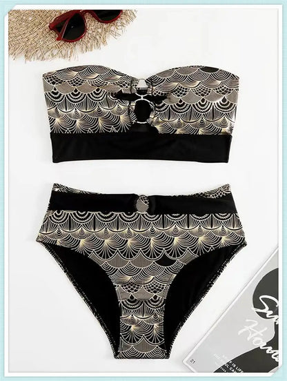 Metallic Stitch Strap Bikini  Women Push Up Gold print Swimsuit Female High Waist Swimwear Bathers Bathing Suit Beachwear