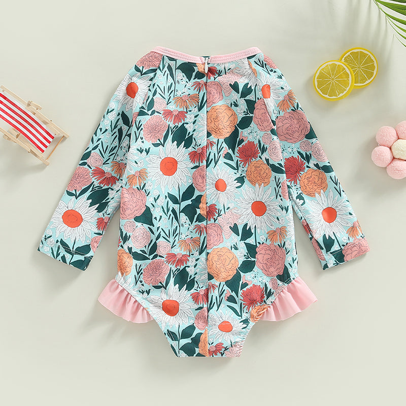0-4Y Toddler Baby Girl Swimsuit Romper 4 Colors Flower Print Long Sleeve Ruffle Bikini Bathing Suit